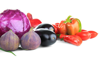 Composition of different fruits and vegetables on white background