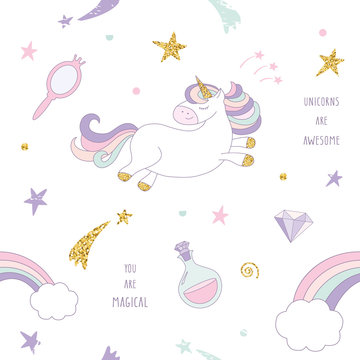 Unicorn magic seamless pattern background with rainbow, stars and diamonds. For print and web.
