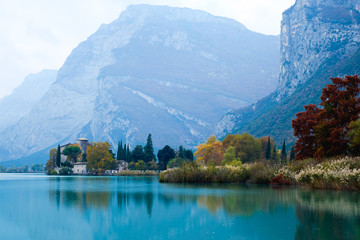 Lago di Toblino, Calavino, Italy. Lakes and mountains of Italy.