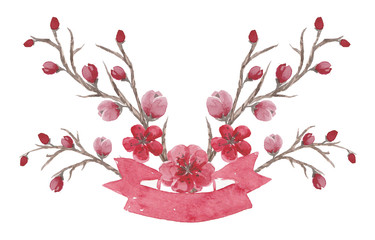 Watercolor pink spring flowers on branch