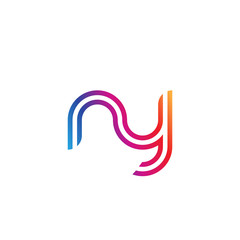 Initial lowercase letter ny, linked outline rounded logo, colorful vibrant gradient color