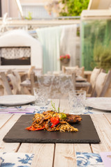 Grilled steak with vegetables and rice