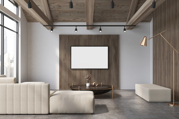 White and wooden living room, white sofa poster - obrazy, fototapety, plakaty