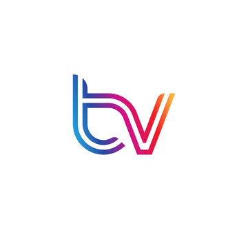 Initial lowercase letter tv, linked outline rounded logo, colorful vibrant gradient color