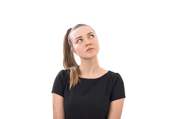 Fototapeta premium Pensive woman with ponytail, isolated