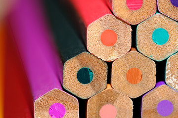 Close up view of multicolored pencil for drawing, painting and coloring