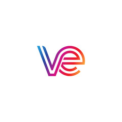 Initial lowercase letter ve, linked outline rounded logo, colorful vibrant gradient color