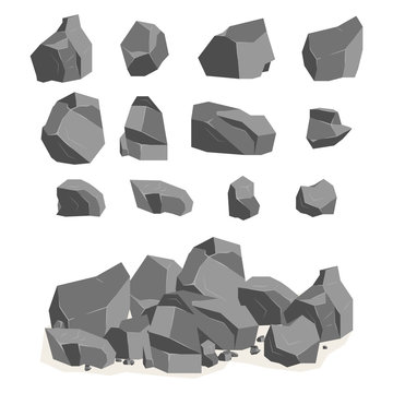 A set of cartoon stones and rocks in an isometric 3d style. A set of various boulders.  Video Game - stock vector