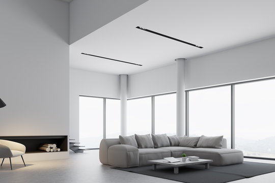 White panoramic living room, fireplace