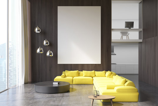 Wooden living room yellow sofa