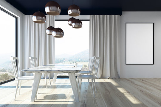 Gray dining room with a marble table, poster