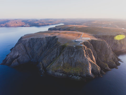 View of Nordkapp, the North Cape, Norway, the northernmost point of mainland Norway and Europe, Finnmark County, aerial picture shot from drone