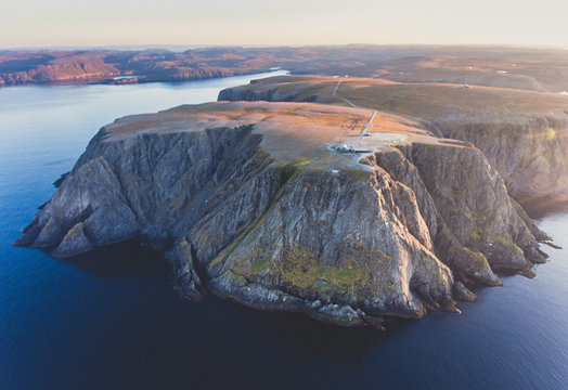 View of Nordkapp, the North Cape, Norway, the northernmost point of mainland Norway and Europe, Finnmark County, aerial picture shot from drone