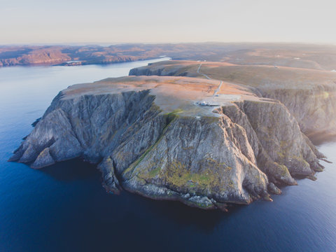 View of Nordkapp, the North Cape, Norway, the northernmost point of mainland Norway and Europe, Finnmark County, aerial picture shot from drone