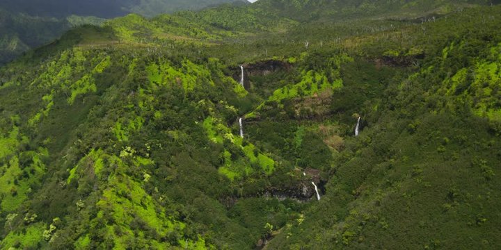 Epic Flying Panning Aerial Reveal Four Waterfalls Hawaii