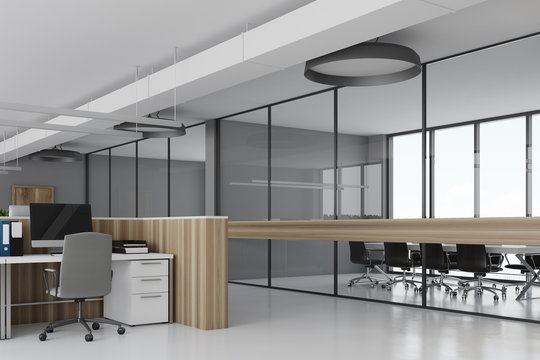 White office corner wooden desks concrete