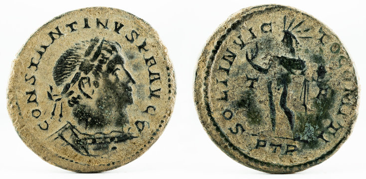 Ancient Roman copper coin of Emperor Constantine I Magnus.