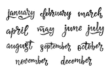 Handwritten names of months December, January, February, March, April, May, June, July, August, September, October, November. Calligraphy words for calendars and organizers.
