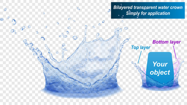 Translucent water splash crown consist of two layers: top and bottom. In blue colors, isolated on transparent background. Transparency only in vector file