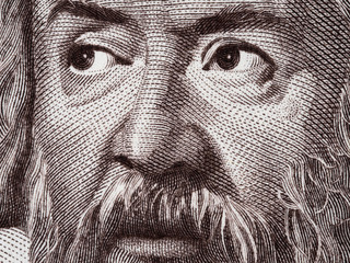 Galileo Galilei portrait on Italy 2000 lira (1983) banknote closeup macro, genius Italian scientist, mathematician, astronomer, philosopher and inventor, father of modern physics.