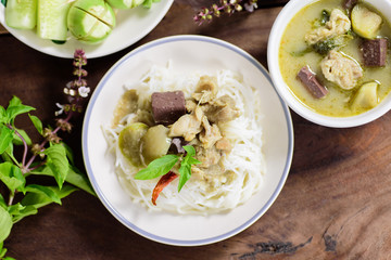Thai food, rice vermicelli noodles with green curry chicken