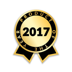 Naklejka premium Ribbon award best product of year 2017. Gold ribbon award icon isolated white background. Best product golden label for prize, badge, medal, guarantee quality product Vector illustration