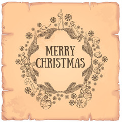 Beautiful round frame made of fir branches with Christmas decorations for Christmas and New Year greeting cards, invitations and other items.