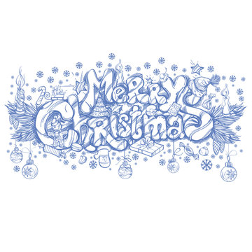 Merry Christmas. Hand drawn inscription with Christmas decorations for greeting cards, posters and other items.