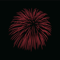 Beautiful red firework. Bright firework isolated on black background. Light red decoration firework for Christmas, New Year celebration, holiday, festival, birthday card Vector illustration