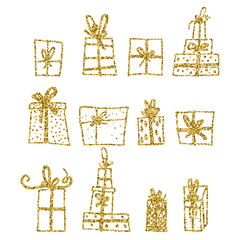 Gold glitter vector set of Chistmas gift box isolated on background. Merry Christmas Happy new year for flyer, poster, banner, web, header. Xmas design.