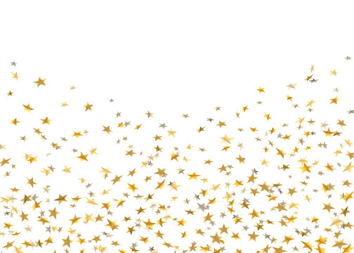 Gold stars falling confetti isolated on white background. Golden explosion confetti on floor. Abstract decoration. Holiday stars for Christmas festive party. Shiny paper glitter Vector illustration