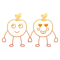 kawaii two cartoon fruit apple holding hands vector illustration