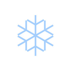 Snowflake icon. Blue silhouette snow flake sign, isolated on white background. Flat design. Symbol of winter, frozen, Christmas, New Year holiday. Graphic element decoration. Vector illustration