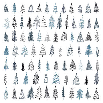 Set of hand drawn christmas tree. Holiday decoration isolated elements. Vector illustration. Use for Greeting Scrapbooking, Congratulations, Invitations.