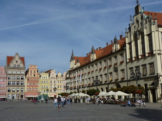 Architecture medieval facades Market Square, one of the largest medieval squares in Europe. Wroclaw, Poland. EU.