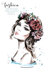Realistic woman portrait. Hand drawn beautiful young woman with hair flower wreath. Cute fashion girl. Sketch. 