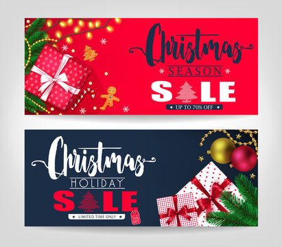 Christmas Season and Holiday Sale Banners Set with Pine Leaves, Gifts, Stars, Christmas Balls, Ginger Bread Man and Tree Promotional Design. Vector Illustration
