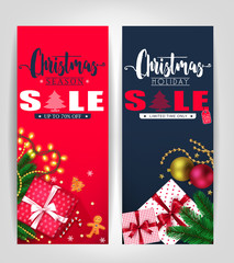Christmas Season and Holiday Sale Poster or Tags Design Set with Pine Leaves, Gifts, Stars, Christmas Balls, Ginger Bread Man and Tree Promotional Design. Vector Illustration

