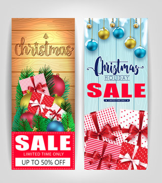 Christmas Sale Tags or Poster Set with Different Color Wooden Background Promotional Design For Holiday Season. Vector illustration.
