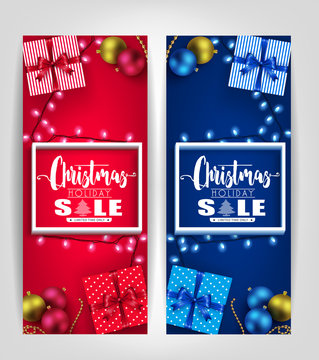 Christmas Holiday Sale Poster or Tags Designs Set with 3D Frame, Gifts, Christmas Balls and Lights Promotional Design. Vector Illustration

