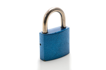 Small Blue Metal Lock, used and weathered, Studio Shot White Background