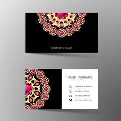 Luxurious Indian business card design, diamond gem jewelry color.Contact card for company. Two sided. Vector illustration. Flat design.