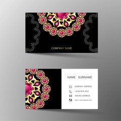 Luxurious Indian business card design, diamond gem jewelry color.Contact card for company. Two sided. Vector illustration. Flat design.