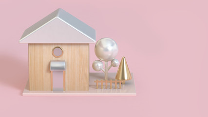abstract wood metallic house minimal pink background 3d rendering