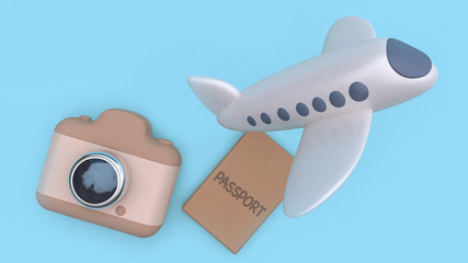 cartoon style plane flying camera passport blue background 3d rendering travel concept