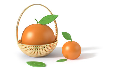 orange in basket white floor 3d rendering cartoon 