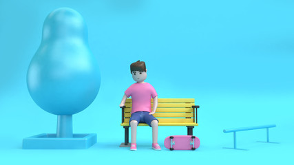 blue scene boy sitting on chair and skateboard 3d rendering cartoon