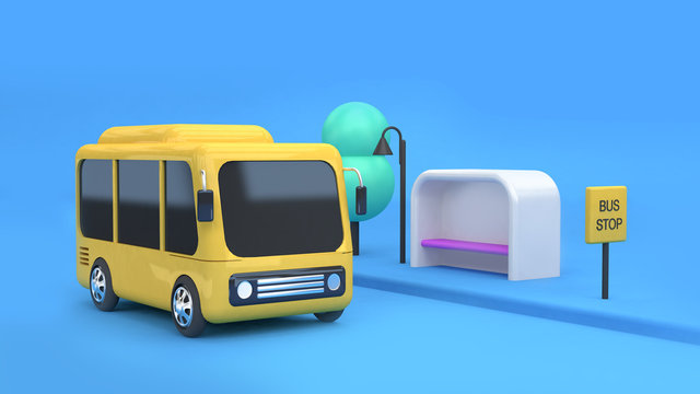 yellow bus bus stop city transportation concept cartoon 3d rendering