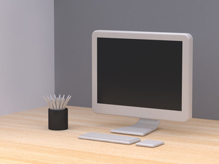 grey wall and computer on wood table cartoon style 3d rendering