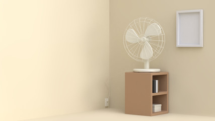 minimal room bookshelf white electric fan cartoon style 3d rendering